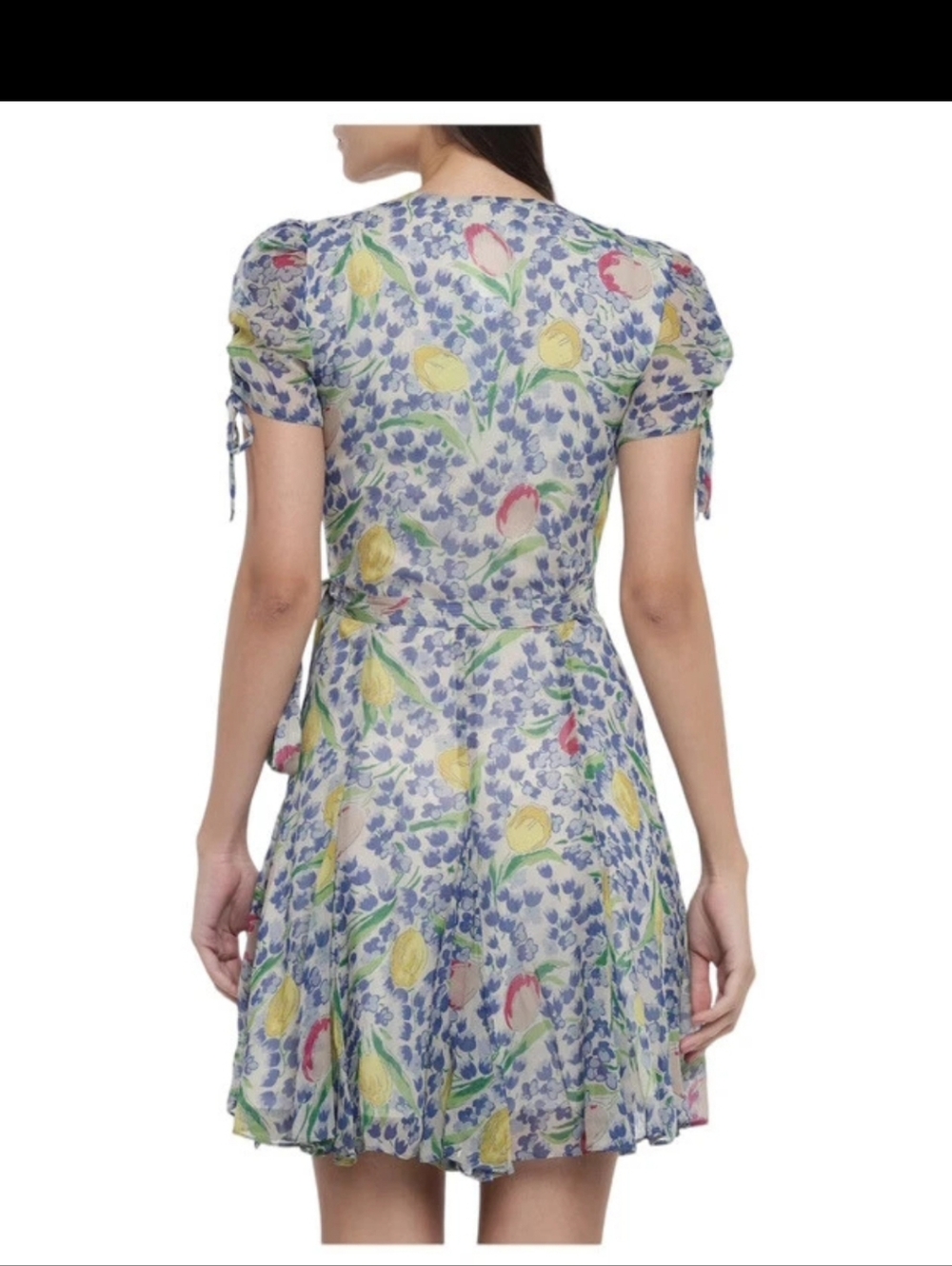 Polo by Ralph Lauren Blue Floral Wrap Mini Dress with Pastel Tulips - Picture 2 of 12